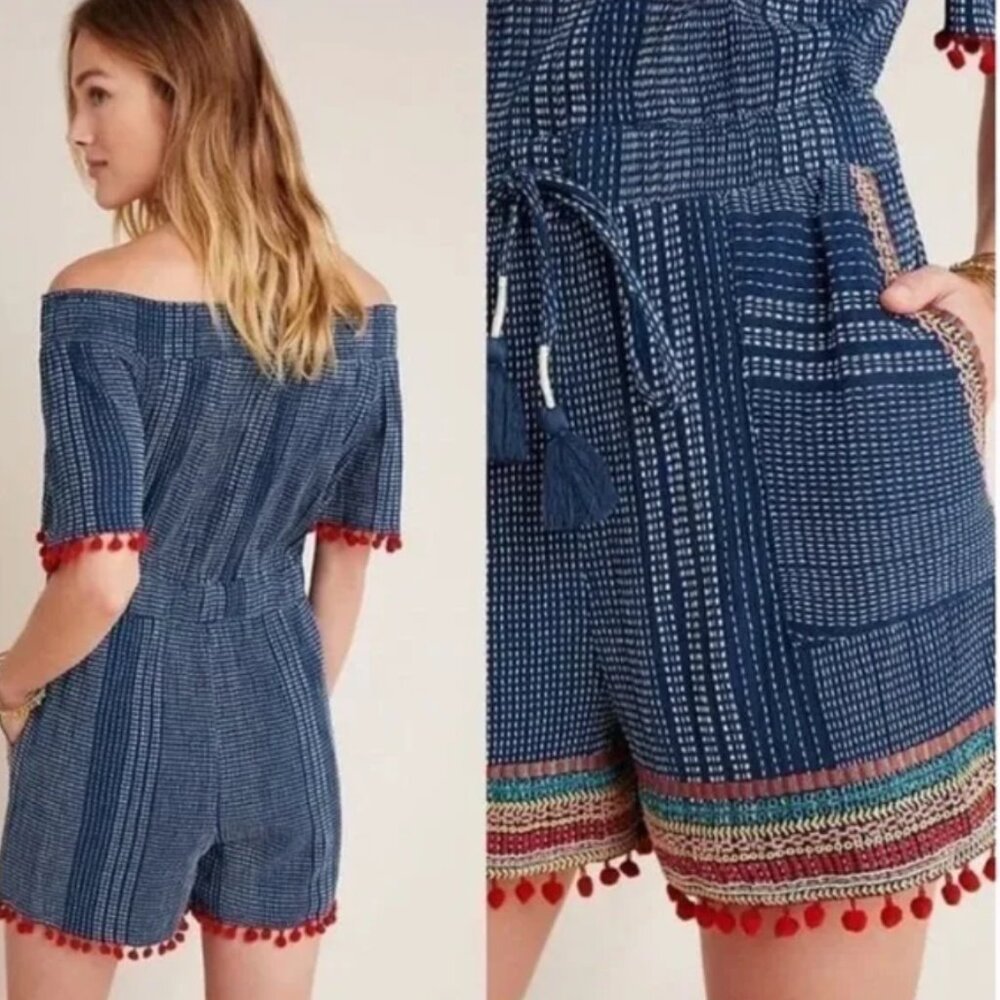 Anthropologie Blue Pom Pom Romper W/Embroidery & Pockets size: xs